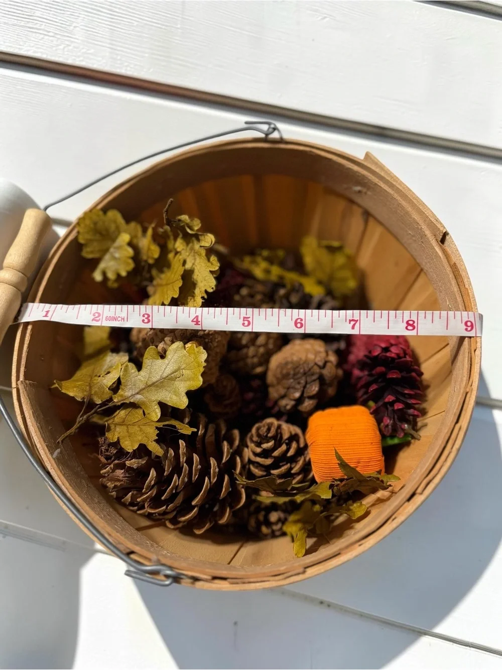 Wooden 9” Bushel Basket Fall Décor Pinecones Leaves